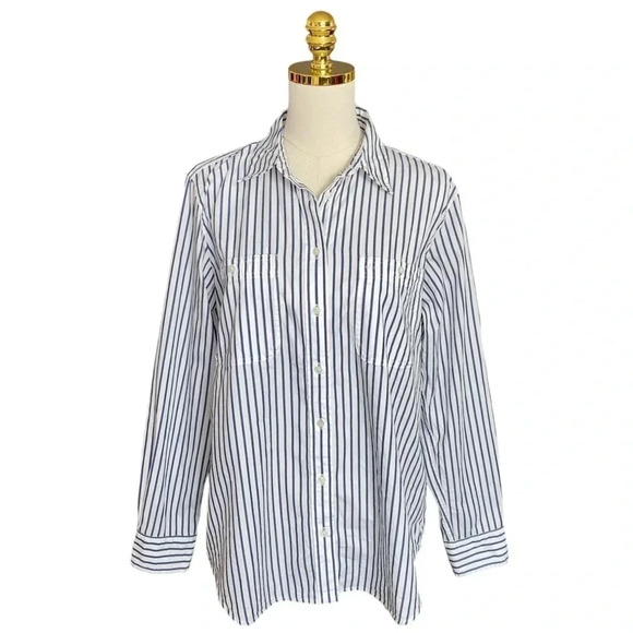 LAUREN RALPH LAUREN | Navy/White Long Sleeve Striped Button Up Cotton Shirt L - Picture 4 of 10